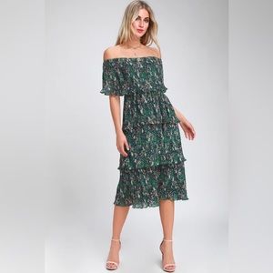 Gala ready green floral print off the shoulder ruffle midi dress